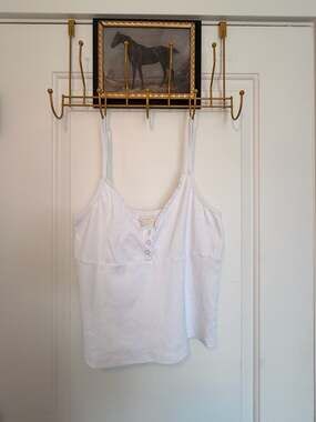 Cute White Basic Cotton Button Ruffle Trim Spaghetti Strap Tank Top Tee